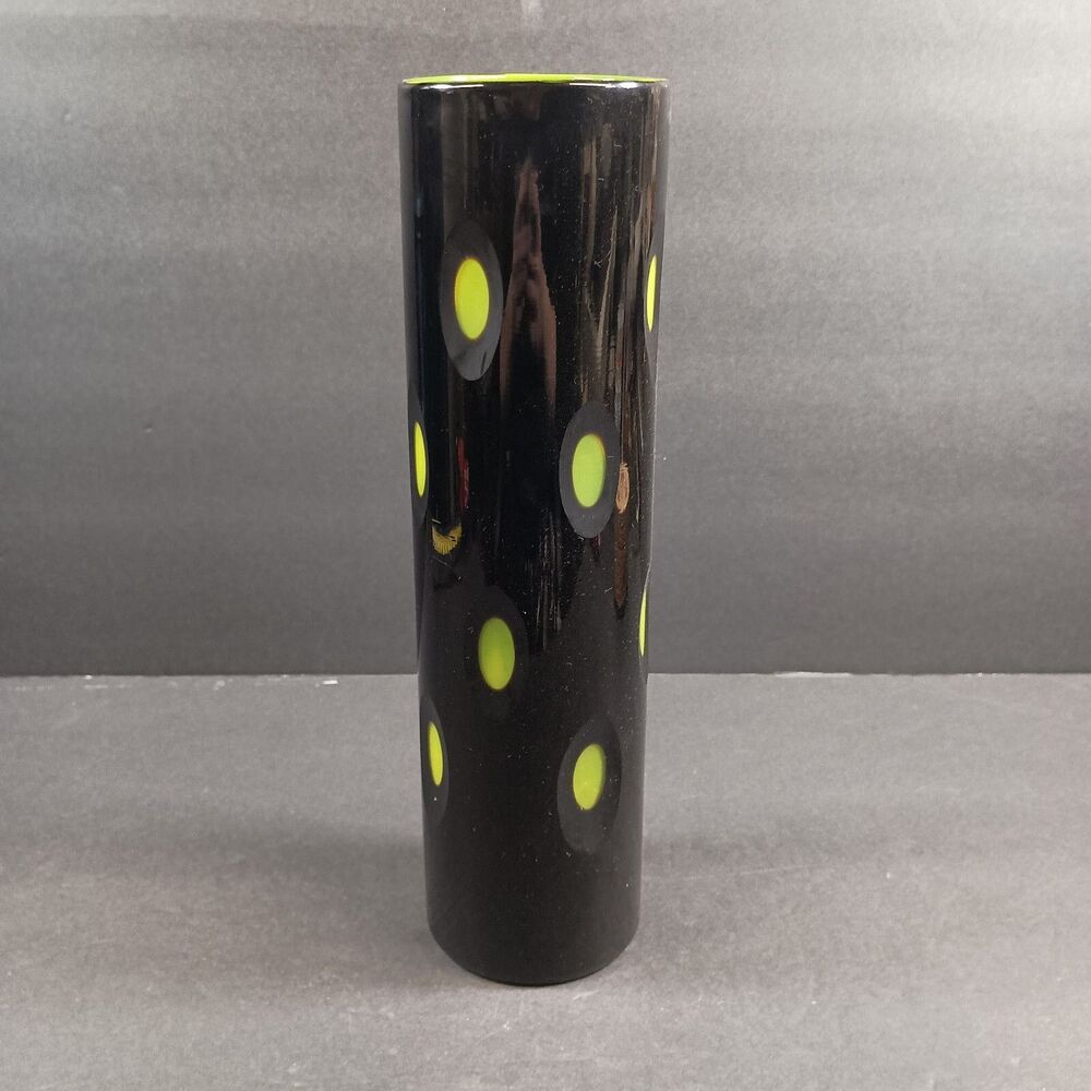 MCM Style Black Glass Vase Cut to Electric Green 13.5” Oval Cased Green Pier 1